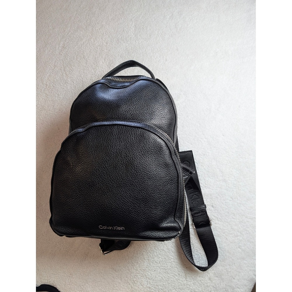 Calvin Klein Black Pebbled Faux Leather Mini Backpack Silver Logo Straps